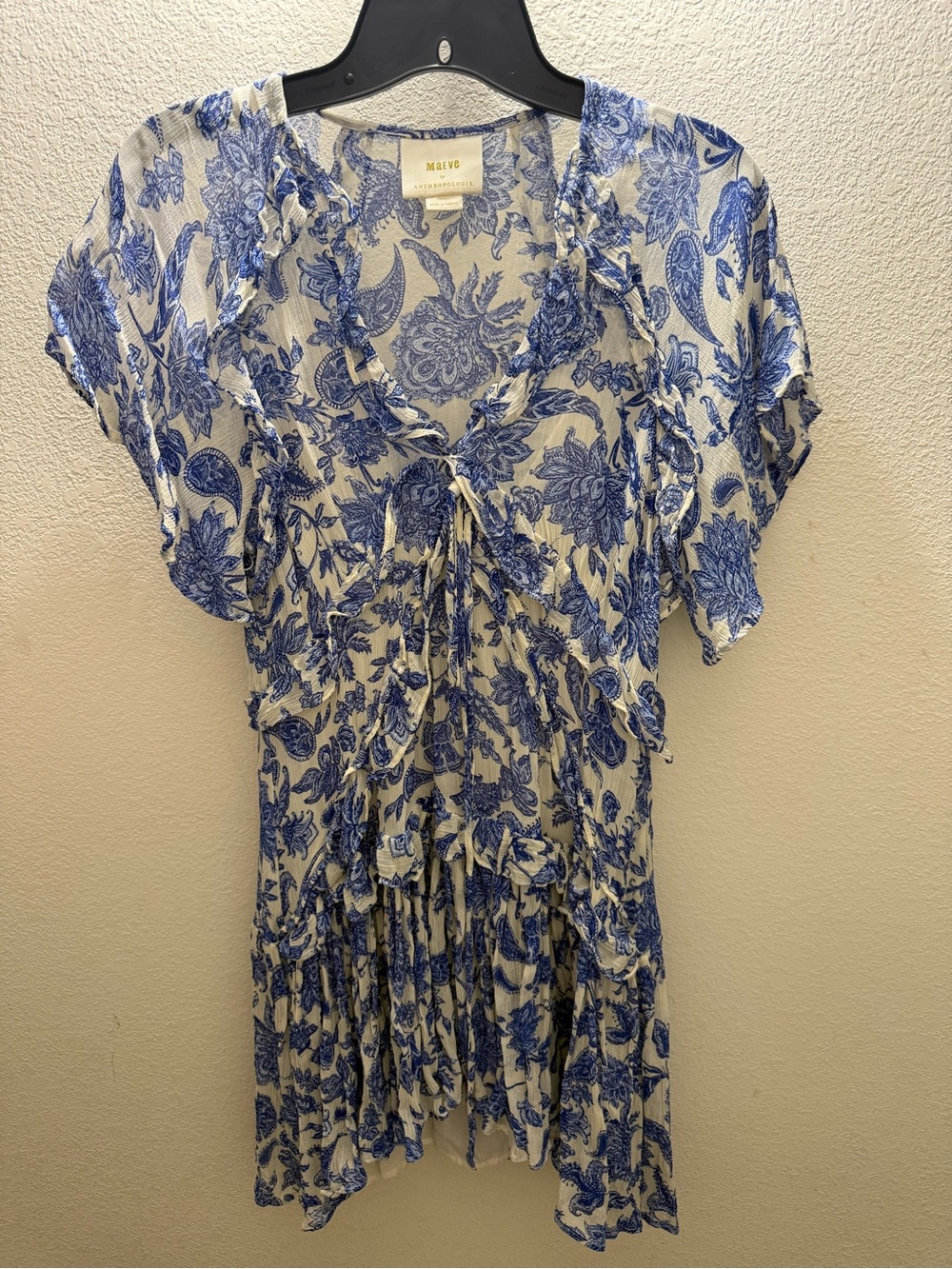 Anthropologie Blue and White Floral Ruffle Mini Dress